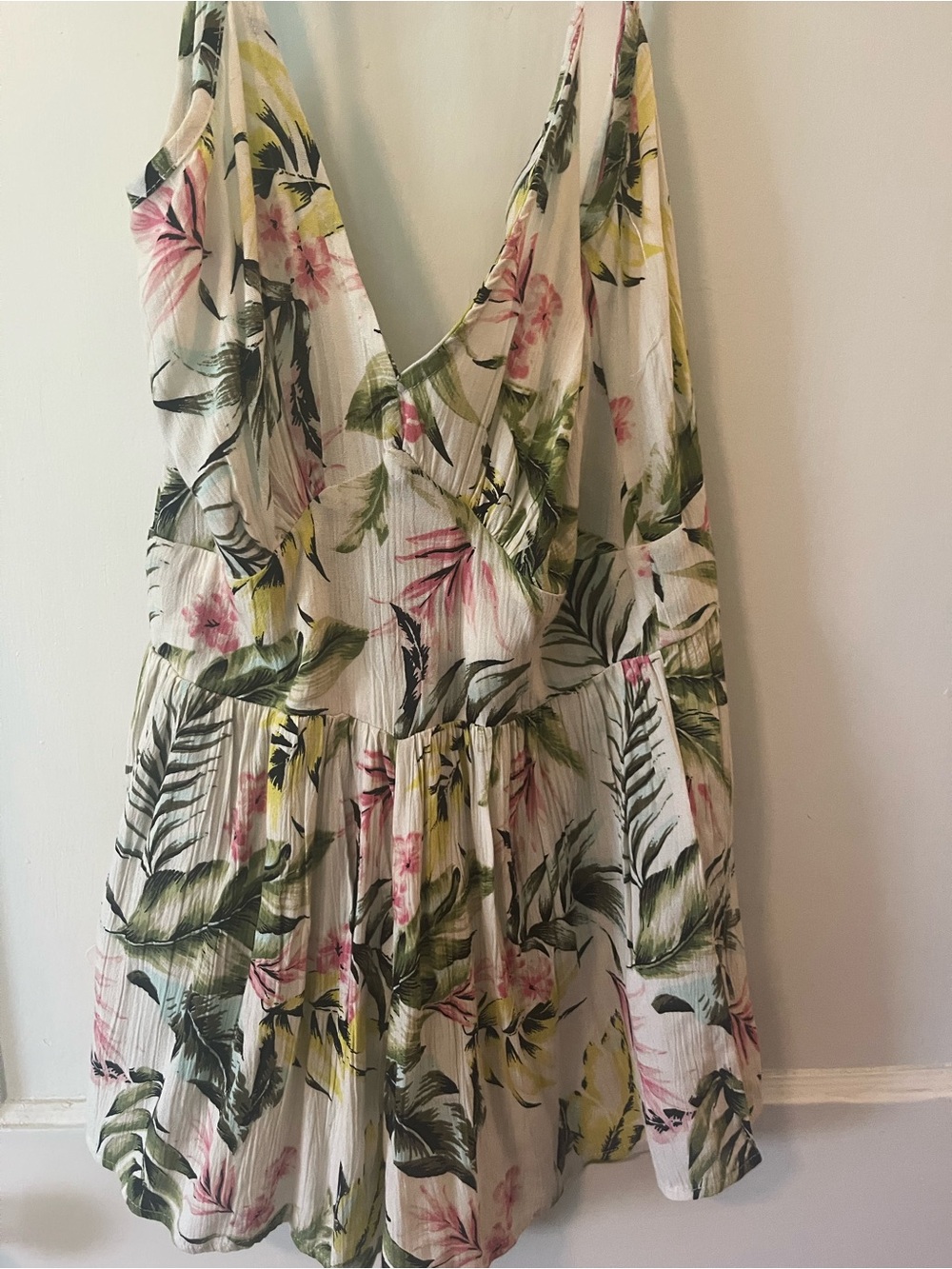 Derek Heart Cream Floral V-Neck Romper with Green & Pink Accents
